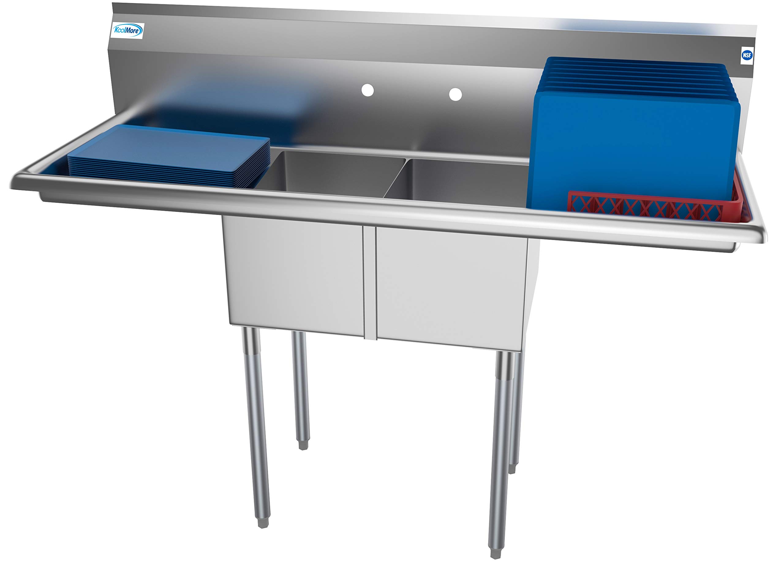 KoolMore 2 隔间不锈钢 NSF 商用厨房准备和实用水槽，带沥水板