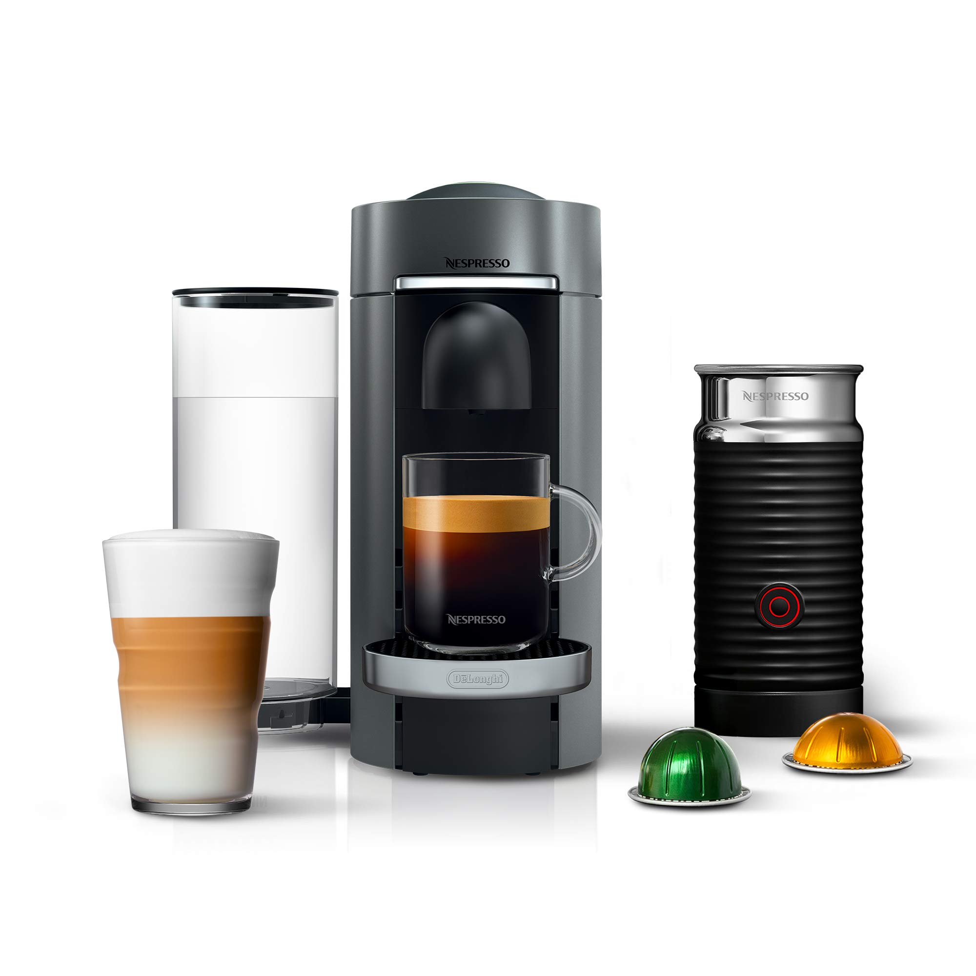 Nespresso De'Longhi VertuoPlus 豪华咖啡机和浓缩咖啡机，带奶泡器，泰坦，灰色...