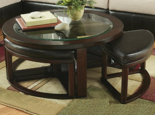 Roundhill Furniture Cylina 实木玻璃顶圆形咖啡桌带 4 个凳子