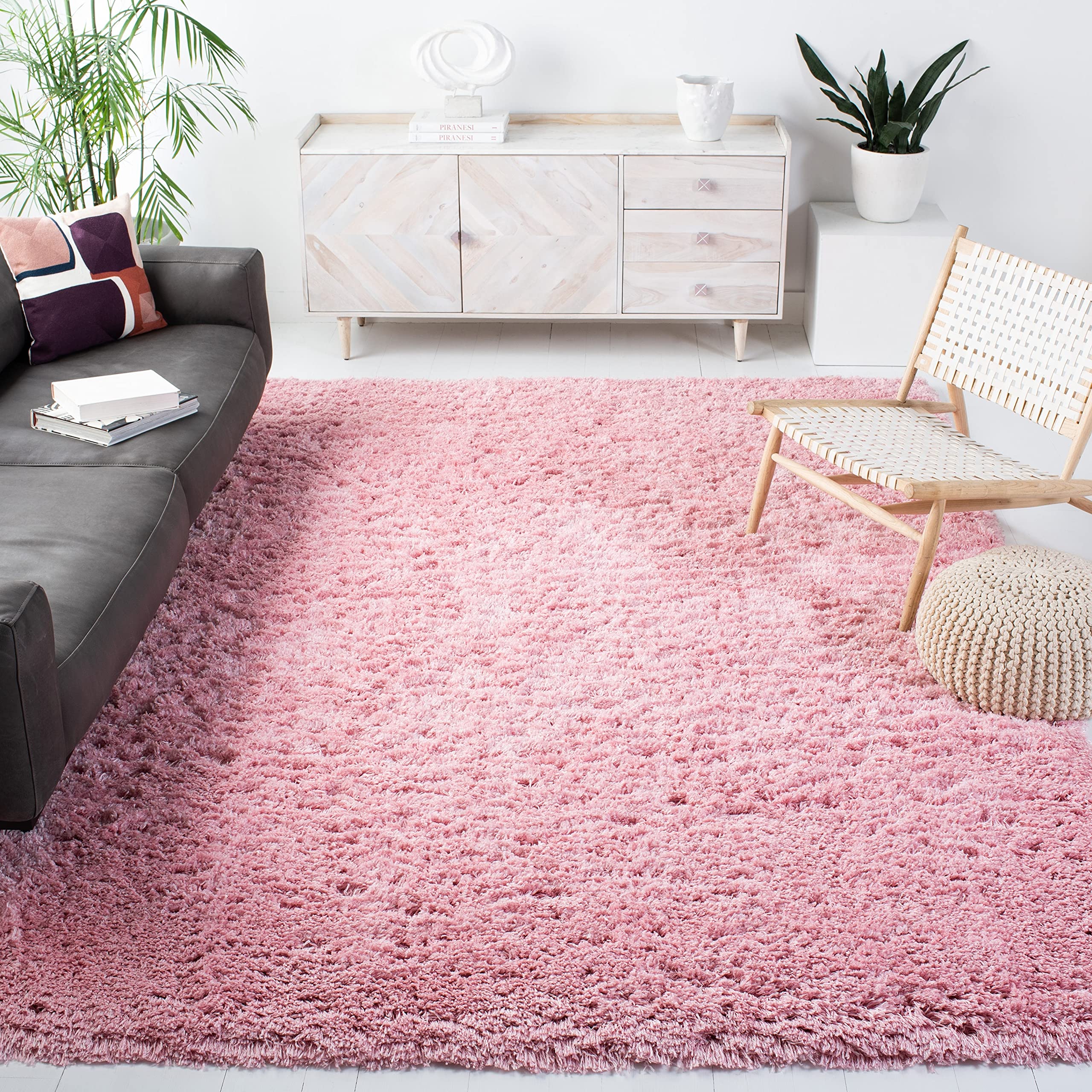 Safavieh Polar Shag 系列 4 英寸方形浅粉色 PSG800P 3 英寸超厚小地毯