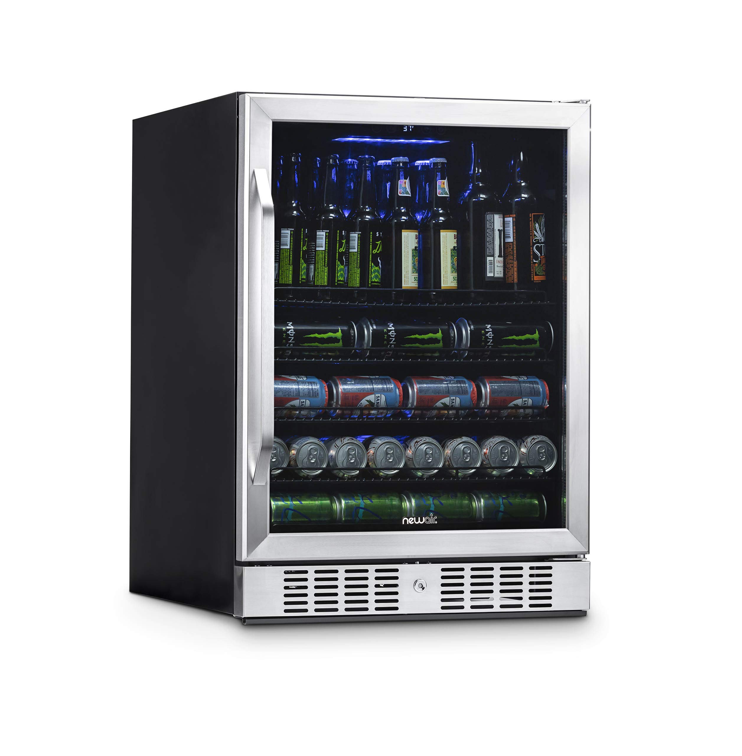 NewAir 大型饮料冰箱冷藏箱，容量 177 罐 - 迷你酒吧啤酒冰箱，带可逆铰链玻璃门和底部钥匙锁 - 冷却至 37F - 不锈钢 ABR-1770