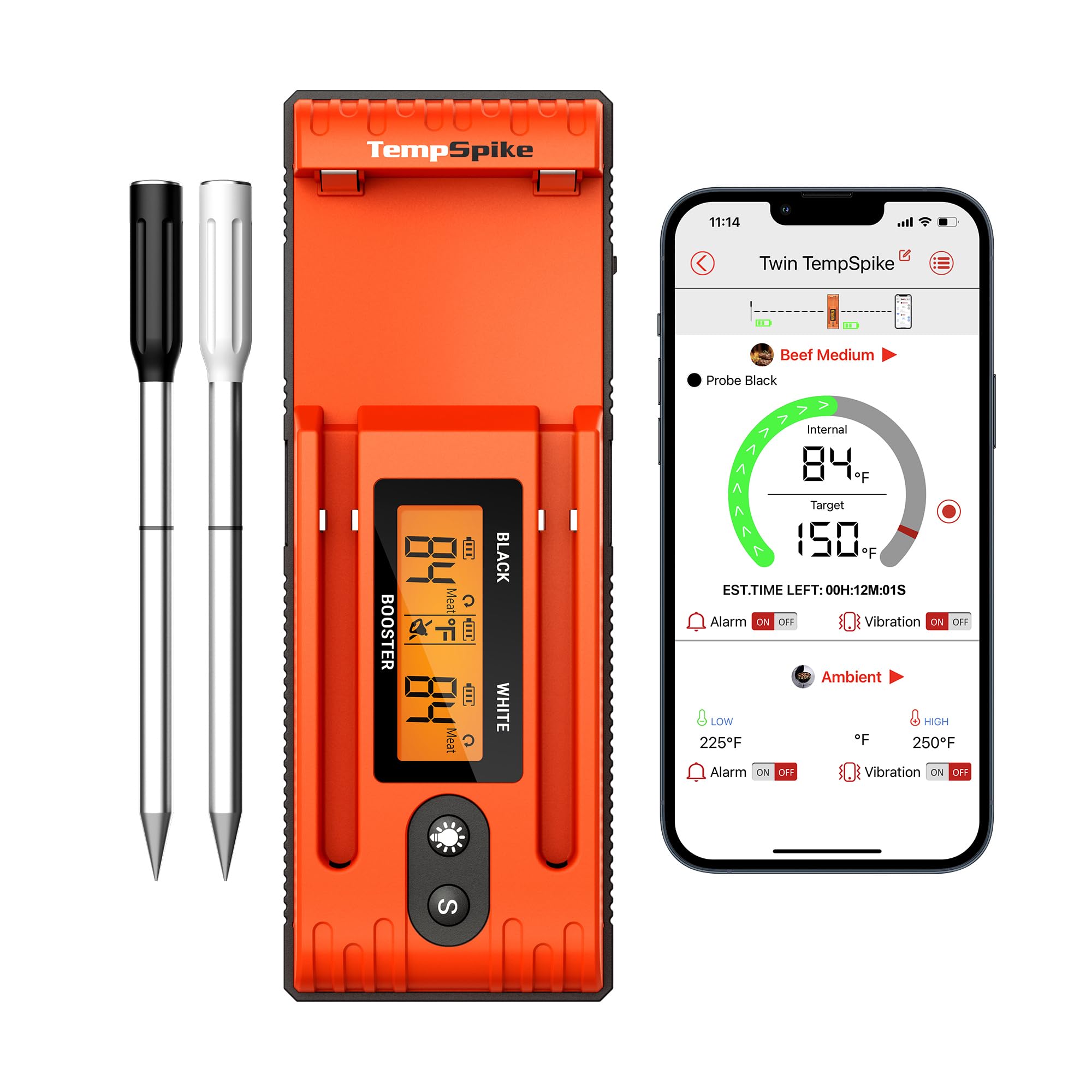 ThermoPro Twin TempSpike 无线肉类温度计，带 2 个肉类探头，500FT 蓝牙肉类温度计，带 LCD 增强型助推器，适用于火鸡牛肉烤肉店烧烤炉烟熏温度计