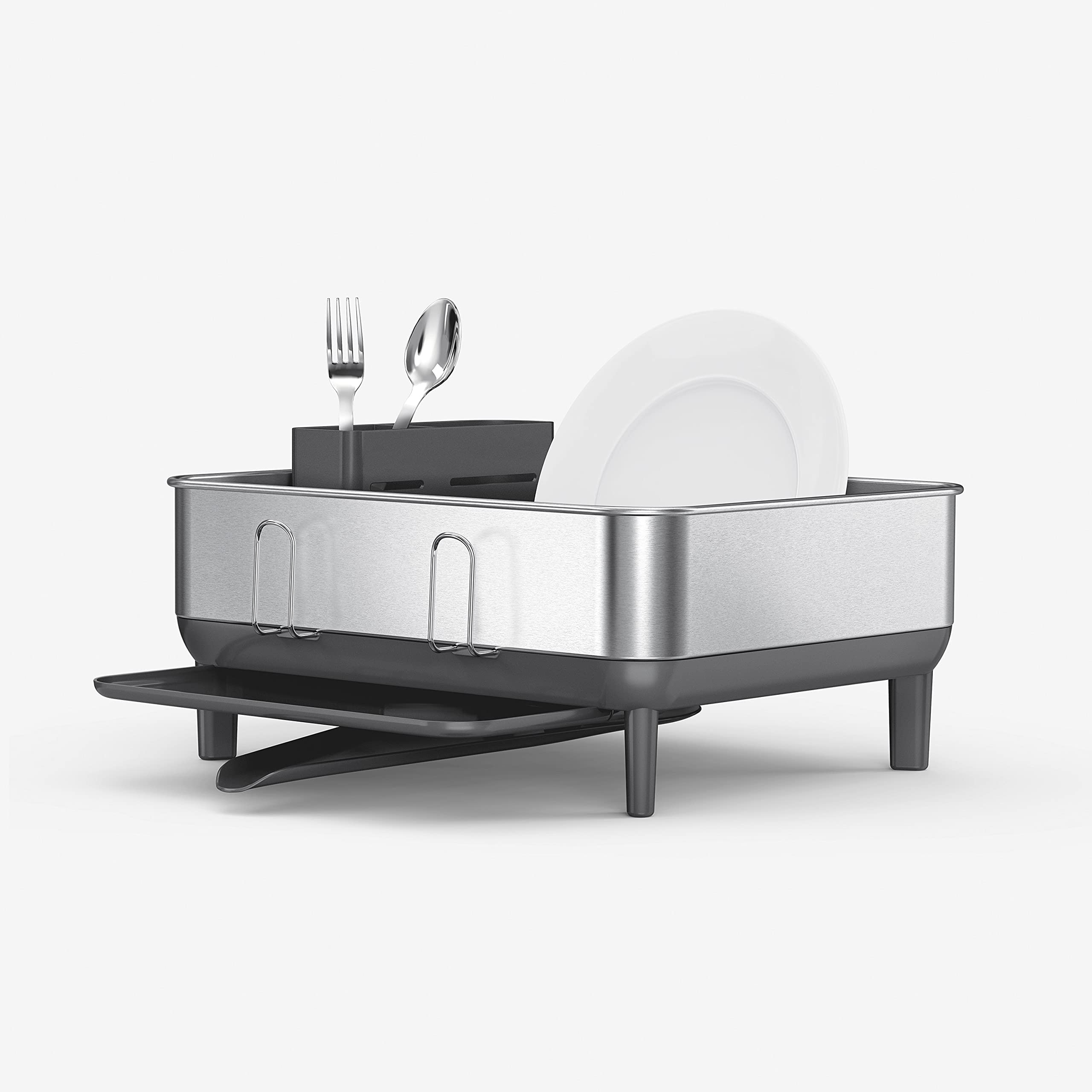 simplehuman 紧凑型厨房碗碟晾干架，带旋转喷嘴、防指纹不锈钢框架...