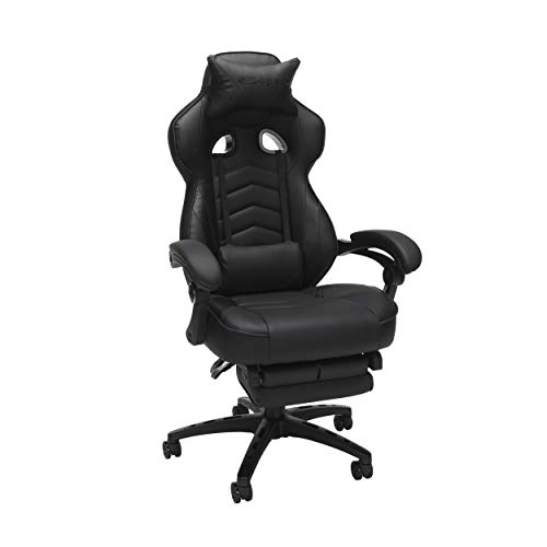 OFM RESPAWN 110赛车风格游戏椅，带脚凳的可躺式人体工学真皮座椅，黑色，28.50'D x 26.75'W x 48.50'-51.50'H