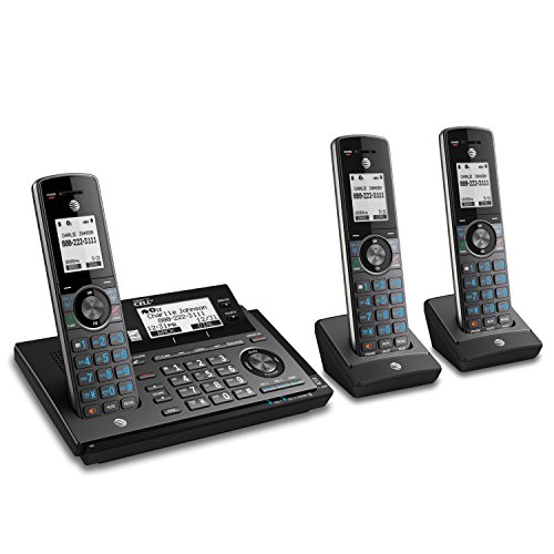 AT&T CLP99387 DECT 6.0 可扩展无绳电话，带蓝牙连接至手机、智能呼叫拦截器和应答系统，金属蓝色，带 3 个听筒