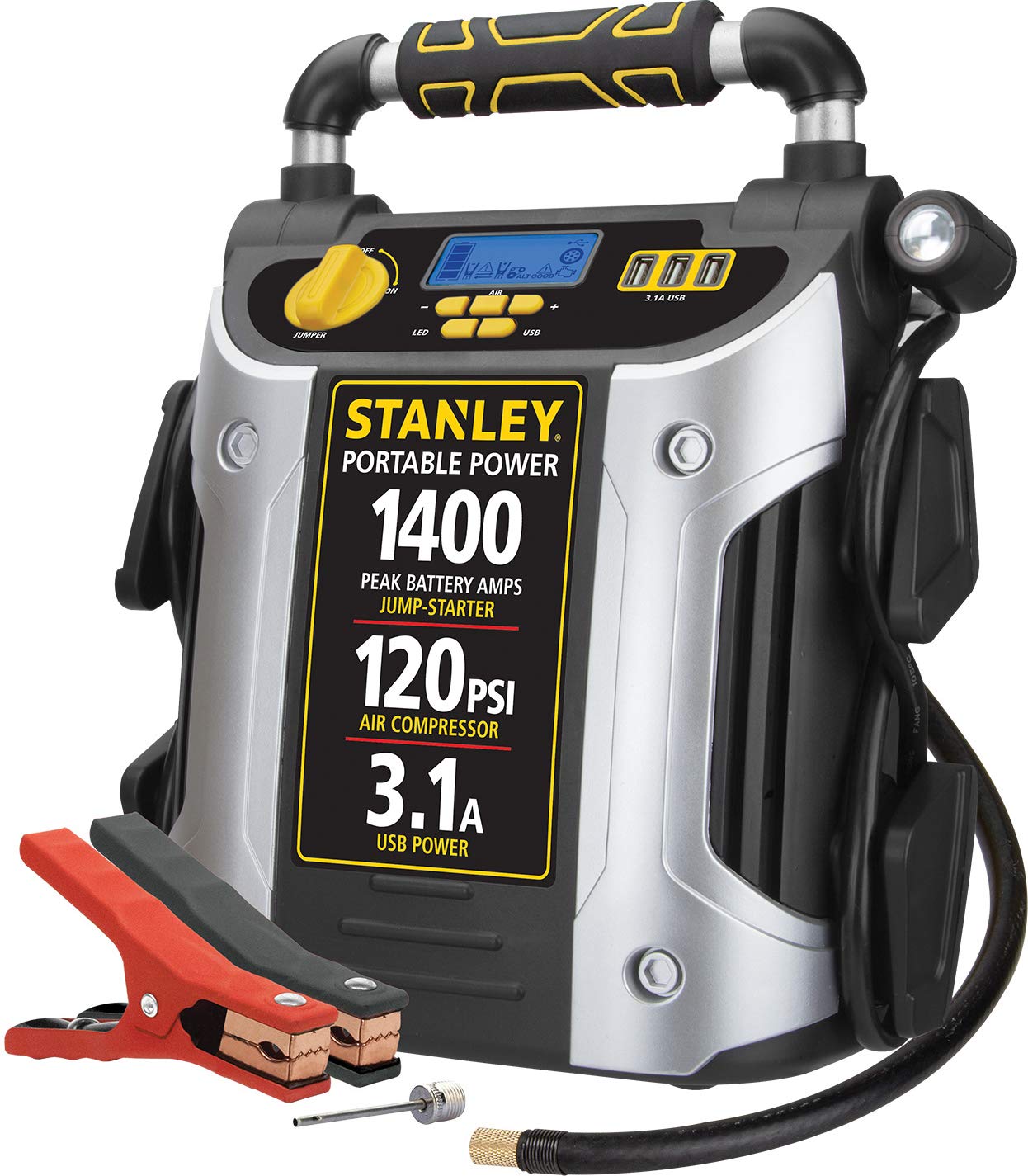 Stanley 1400 峰值安培汽车应急启动器、便携式电源、三个 15W USB 端口、120 PSI 空气压缩机