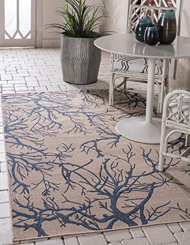 Unique Loom 户外植物收藏摘要绘画过渡室内和户外平纹米色/蓝色区域地毯（9'0 x 12'0）...