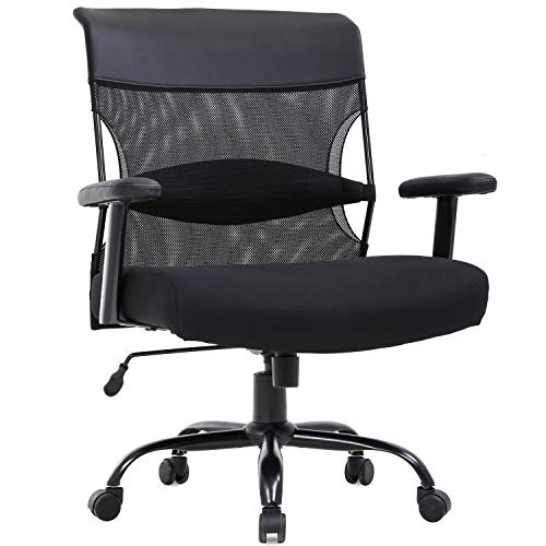BestMassage 大而高办公椅 500 磅宽座办公桌椅符合人体工程学电脑椅任务滚动转椅带腰部支撑扶手可调节网椅成人女士，黑色