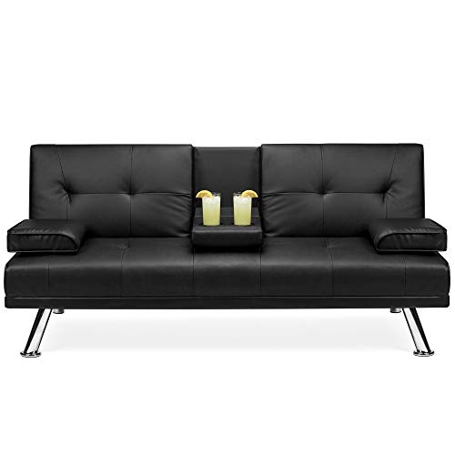 Best Choice Products 现代人造皮革可转换蒲团沙发床躺椅沙发带金属腿，2 个杯架 - 黑色