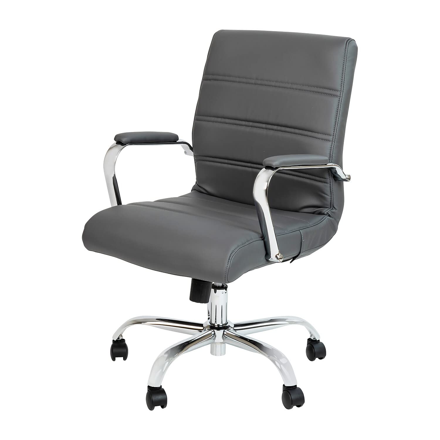 Flash Furniture 中靠背办公桌椅 - 灰色 LeatherSoft 行政旋转办公椅，带镀铬框架 - 旋转扶手椅