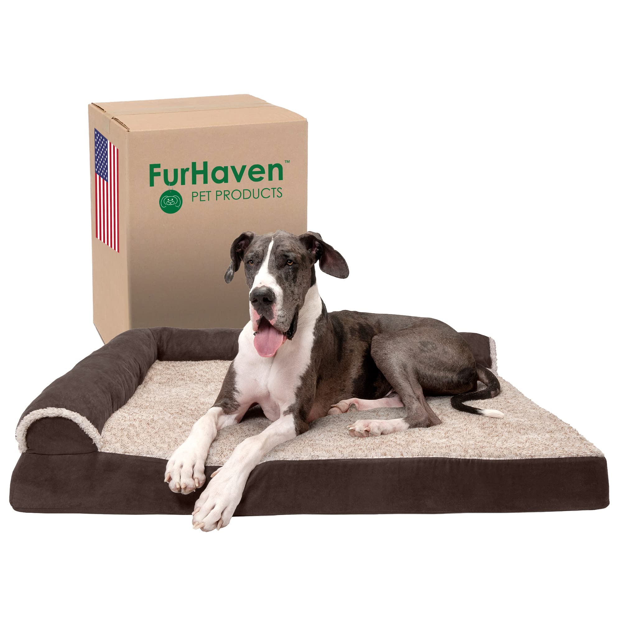 Furhaven 大型犬矫形狗床，带可拆卸枕垫和可清洗罩，适合体重不超过 125 磅的狗狗 - 两色毛绒人造毛...