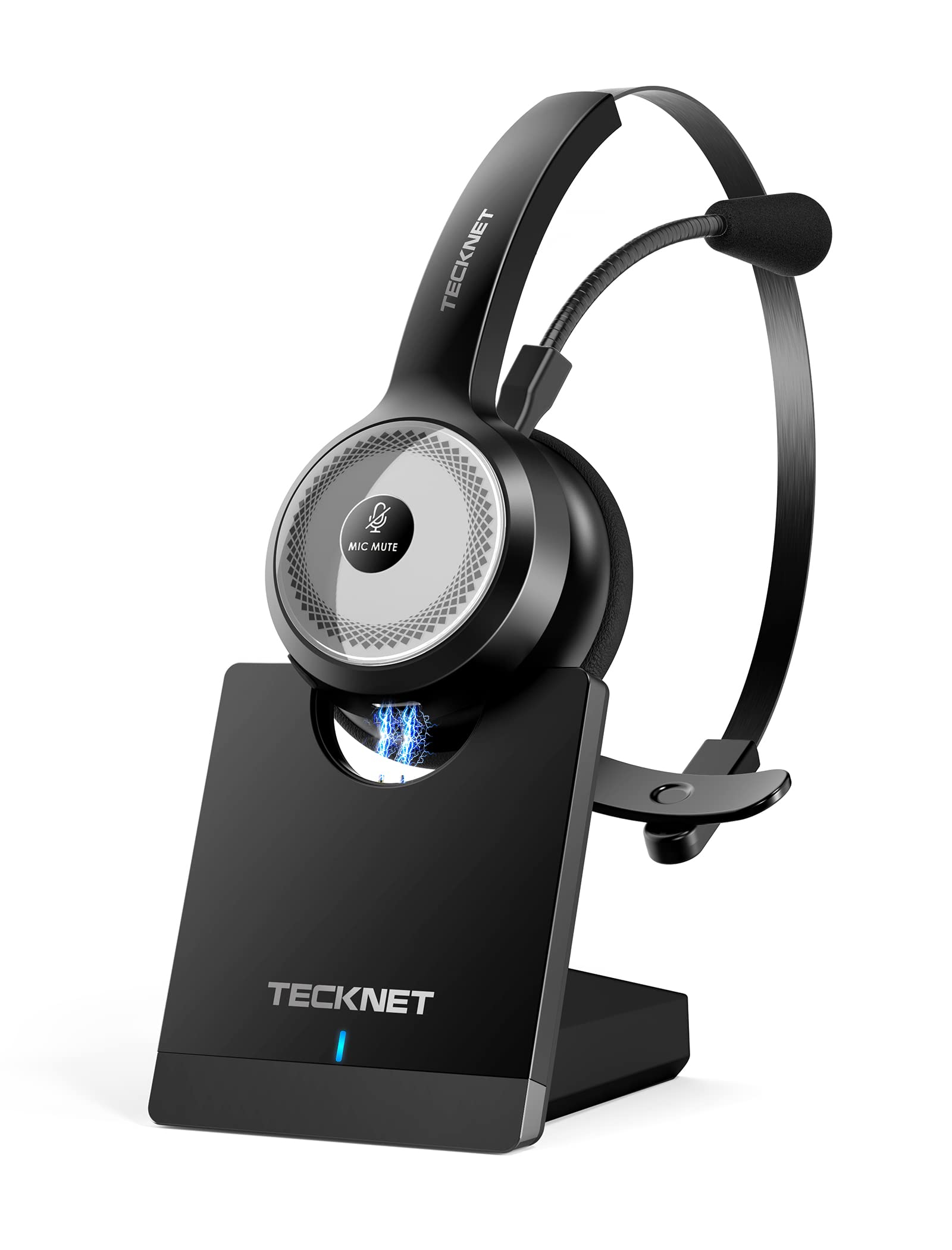 TECKNET 带麦克风的无线蓝牙 5.0 耳机、带充电底座的 AI 降噪入耳式耳机，适用于 PC、手机、计算机、呼叫中心、家庭办公必需品