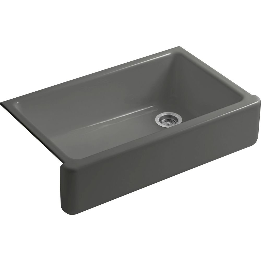 KOHLER K-6489-58 Whitehaven Farmhouse Self-Trimming Apron Front Single Basin Sink with Tall Apron, Thunder Grey