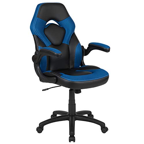 Flash Furniture X10游戏椅赛车办公室，符合人体工学的计算机PC可调式转椅，带可翻转臂，蓝色/黑色LeatherSoft，通过BIFMA认证