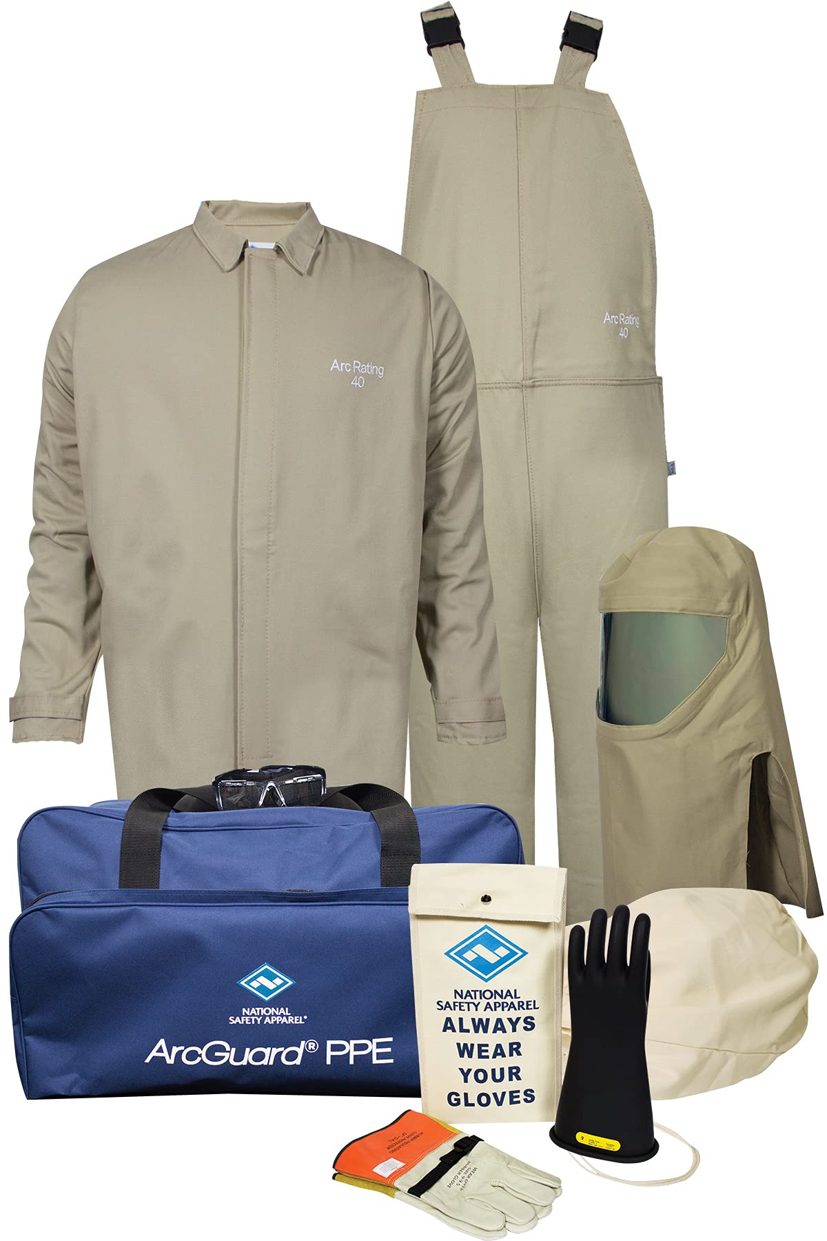 National Safety Apparel KIT4SC40ECMD08 ArcGuard Contractor CAT 4 Arc Flash Kit with FR Short Coat and Bib Overall, 40 Calorie, Medium/Glove Size 8, Khaki