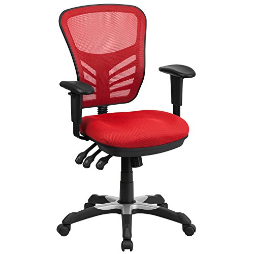 Flash Furniture BIFMA认证的中背红色网状多功能行政旋转人体工学办公椅，带可调节扶手