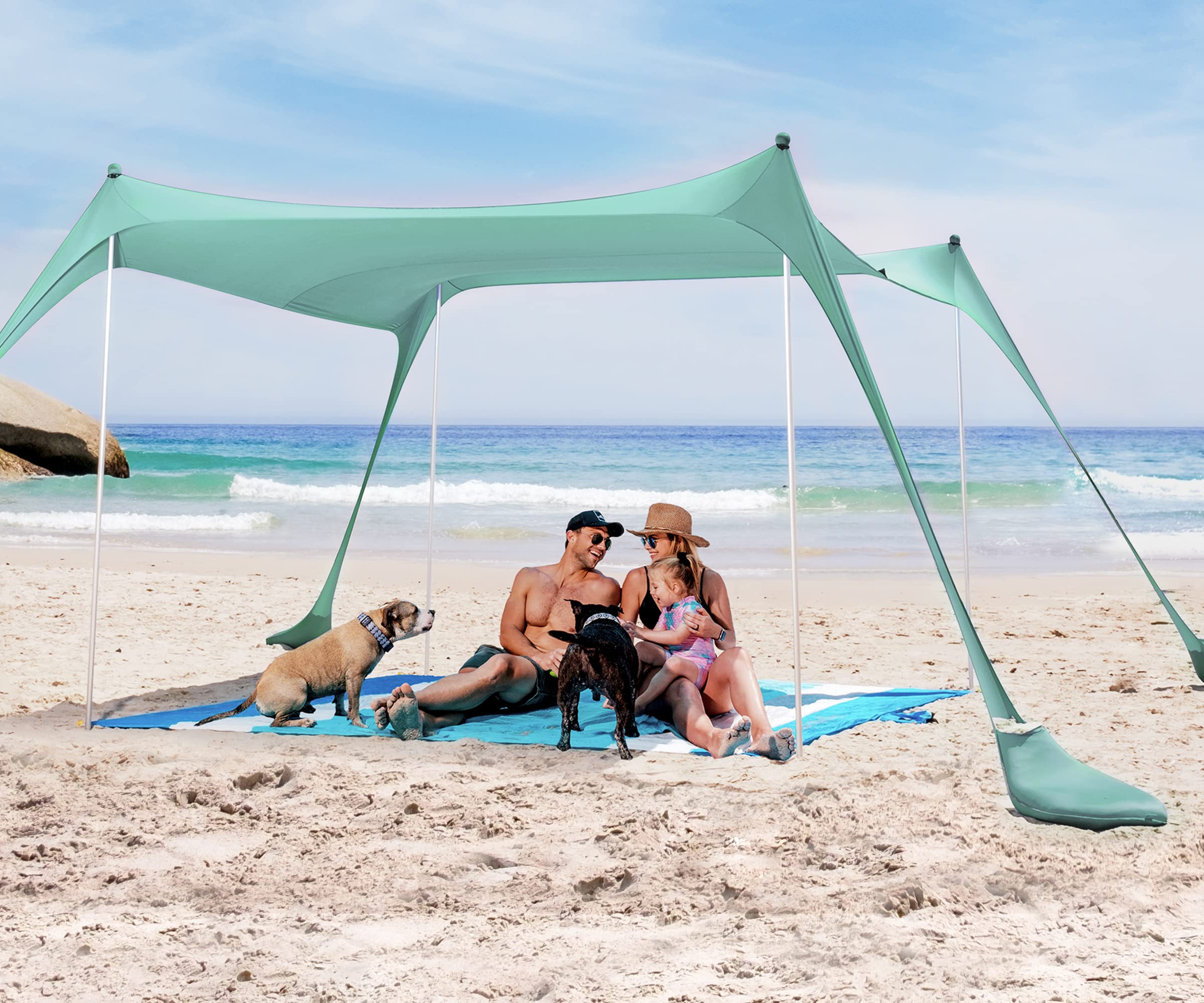 SUN NINJA 海滩帐篷遮阳棚，具有 UPF50+ 保护，包括沙铲、地钉和稳定杆，户外弹出式海滩遮阳篷，适合露营、钓鱼、后院娱乐或野餐