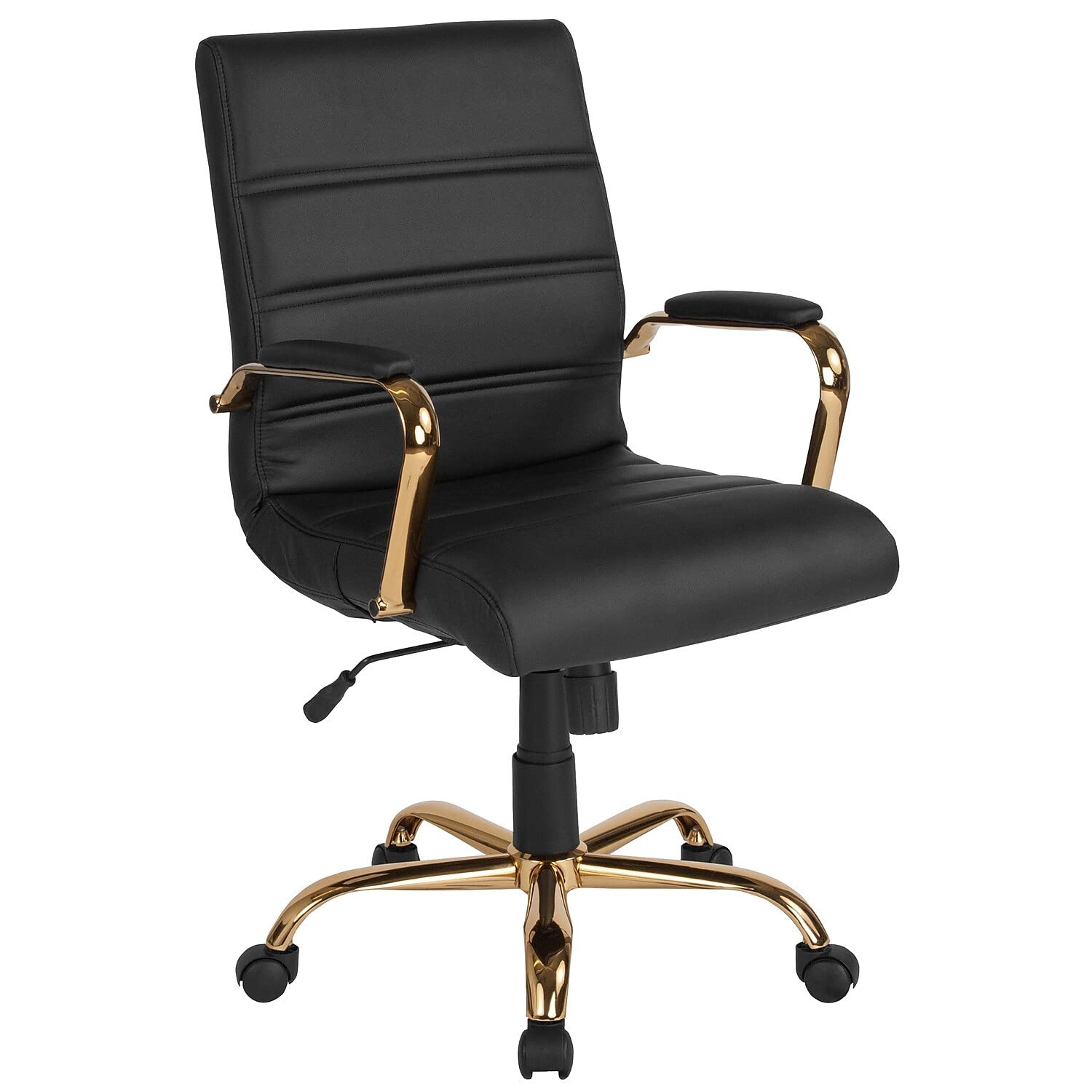 Flash Furniture 中靠背办公桌椅 - 黑色皮革软行政旋转办公椅，带金色框架 - 旋转扶手椅...