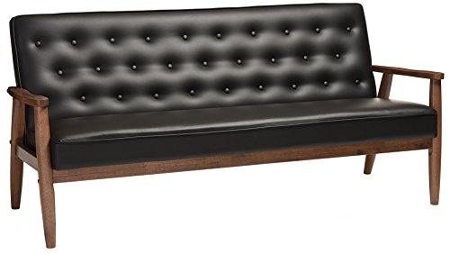 Baxton Studio 索伦托中世纪复古现代布艺软垫木质三人座沙发