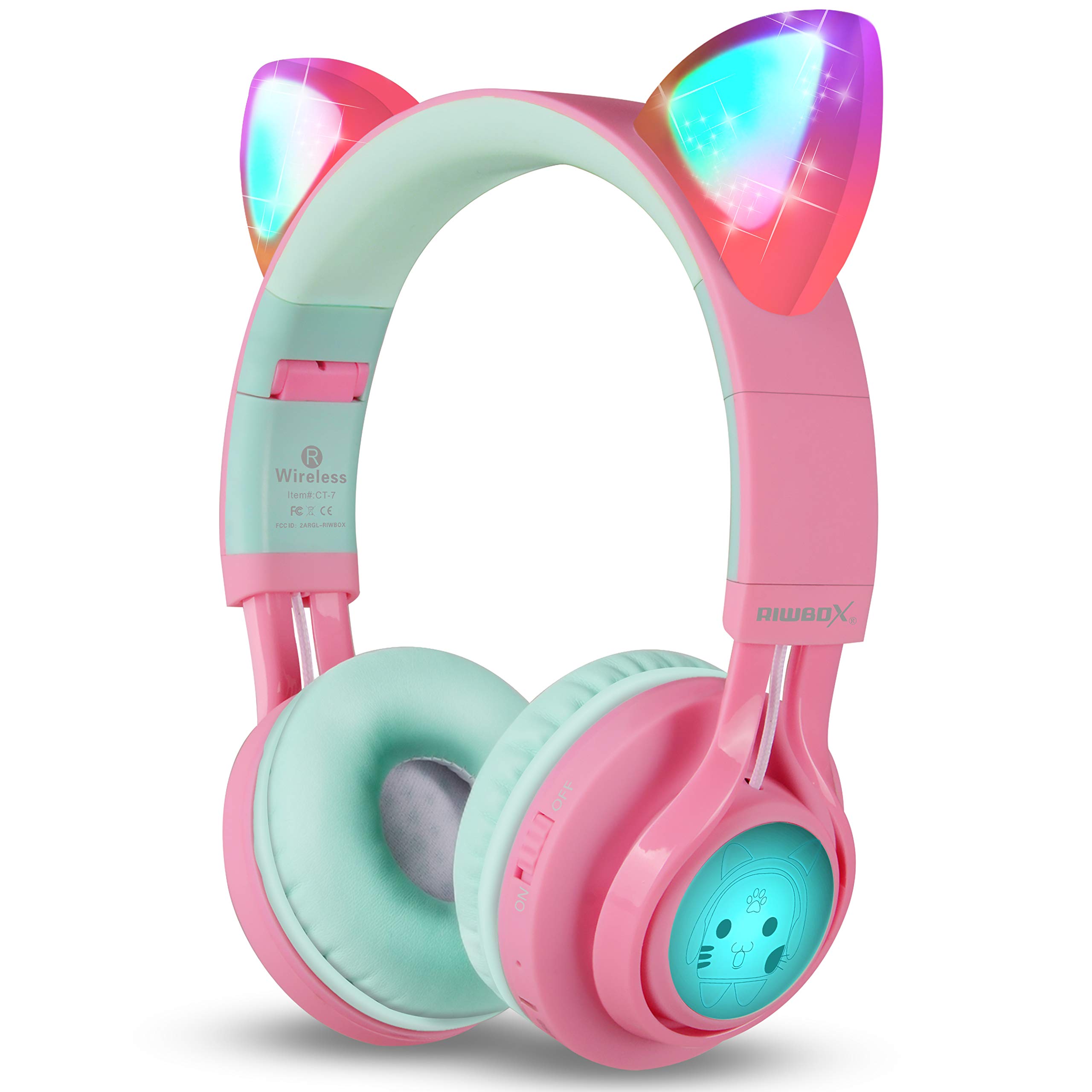 Riwbox CT-7 猫耳蓝牙耳机，LED 发光蓝牙无线耳罩式耳机，带麦克风和音量控制，适用于 iPhone/iPad/智能手机/笔记本电脑/PC/电视（粉色和绿色）