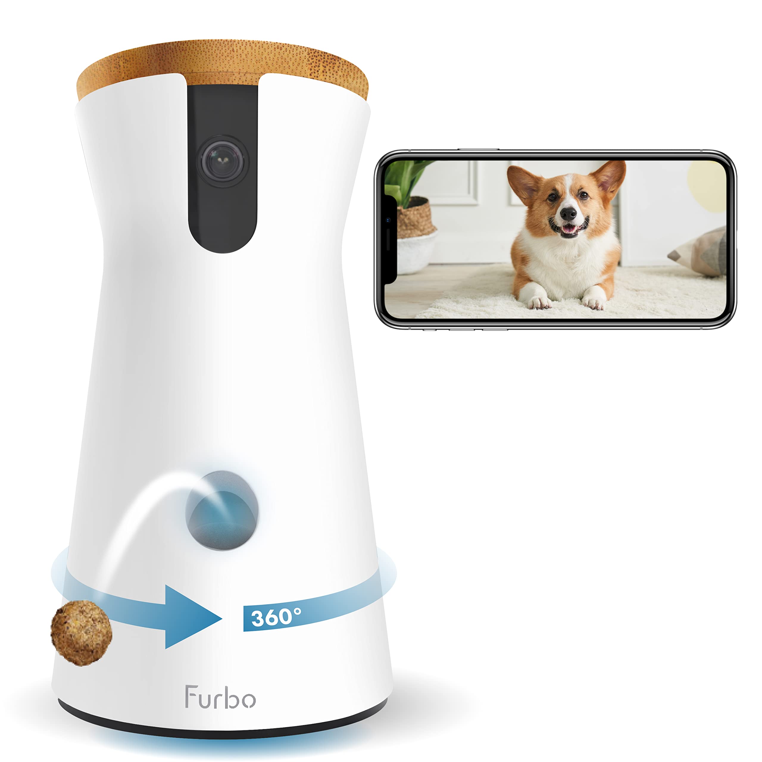  Furbo 360 度狗狗摄像头：[2022 年新款] 旋转 360 度视角广角宠物摄像头，带零食投掷功能，彩色夜视，1080p 高清平移，2 路音频，吠叫警报，WiFi，专为狗...