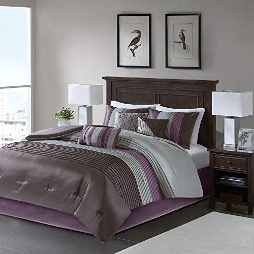 Madison Park Amherst 人造丝被套装 - 休闲现代设计四季羽绒另类床上用品、配套枕套、床裙、装饰枕头，特大号床（104'x92'），紫色，7 件套