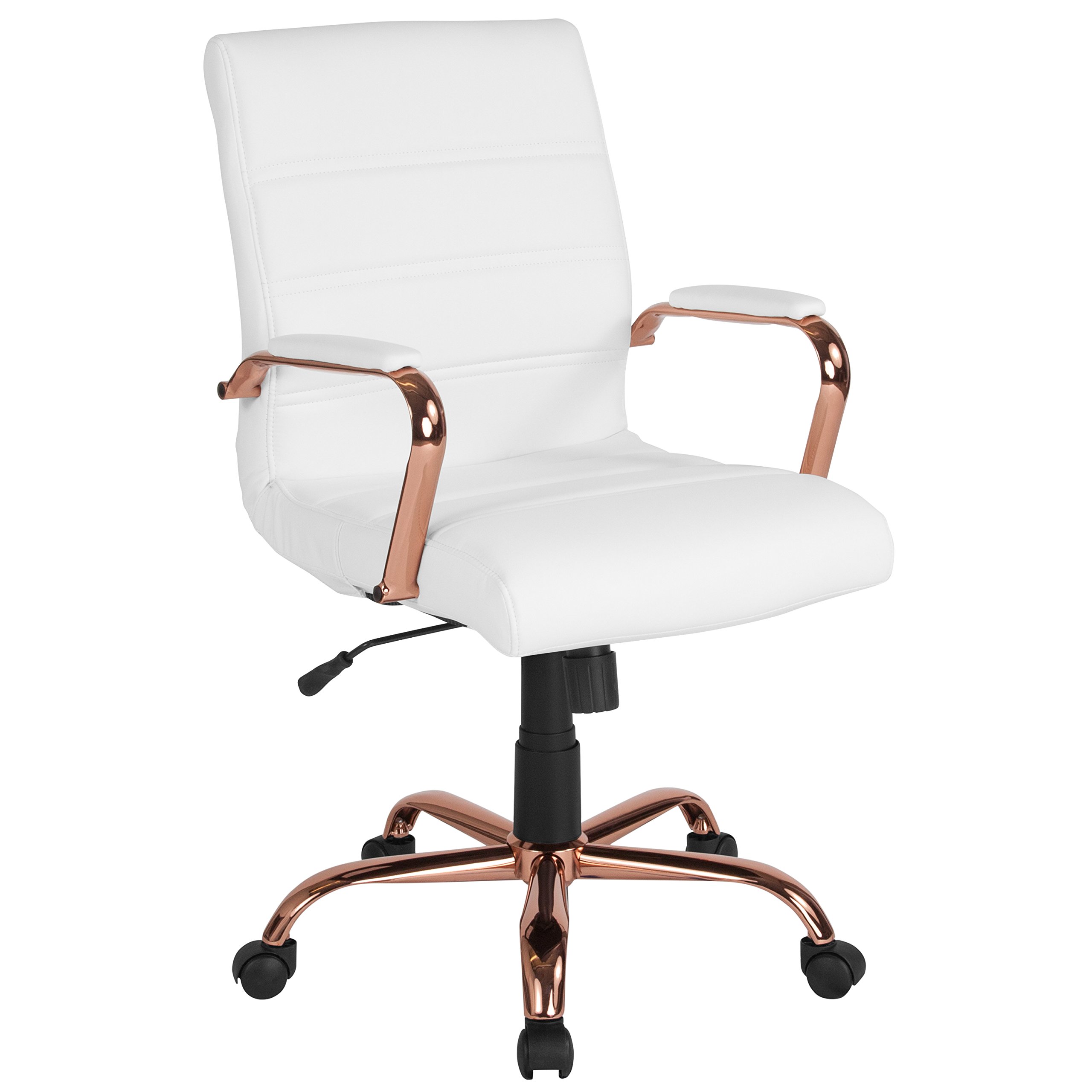 Flash Furniture 惠特尼中靠背办公桌椅 - 白色皮革软行政旋转办公椅，带玫瑰金框架 - 旋转扶手椅