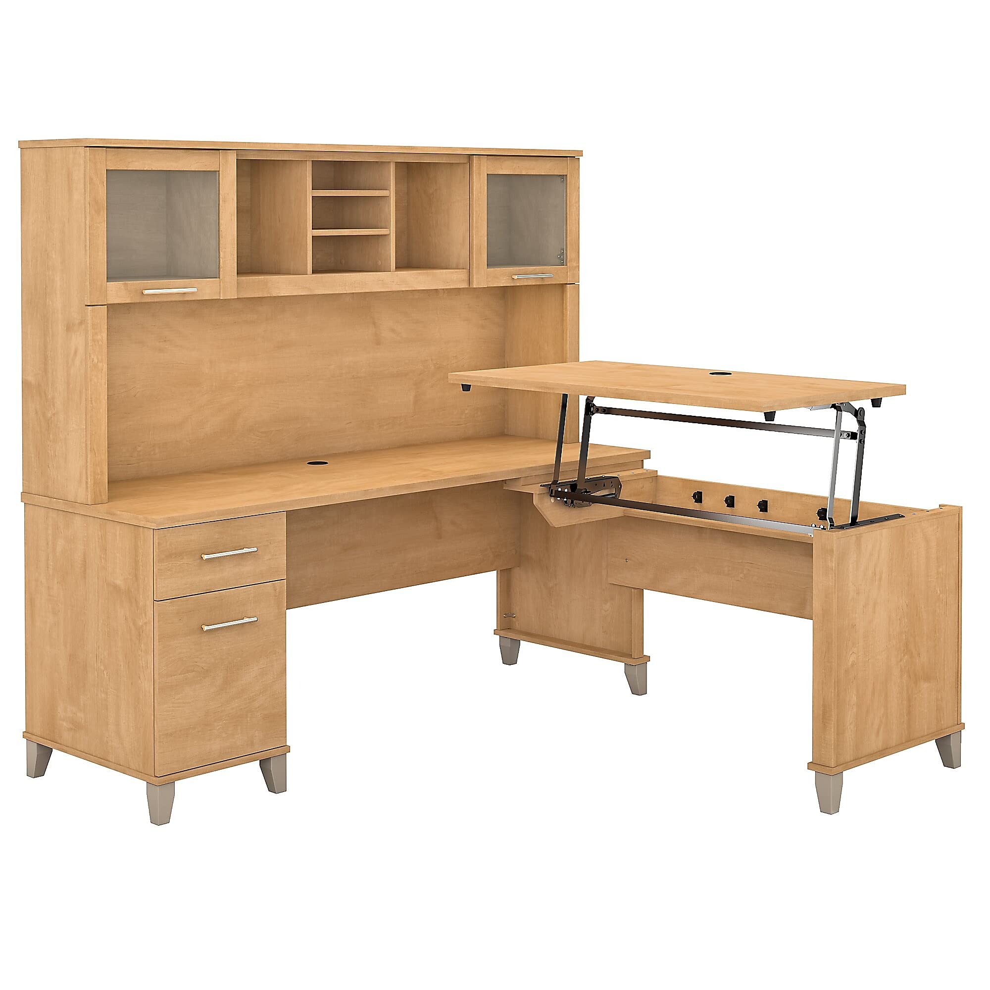 Bush Furniture Somerset 72W 3 位坐立式 L 形书桌，带枫木十字储物柜