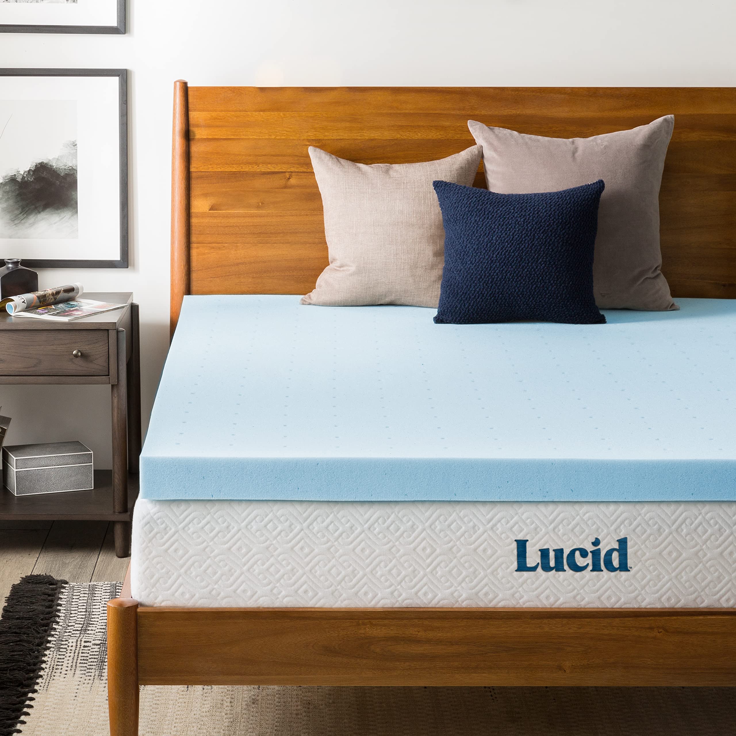 Lucid 3 英寸床垫罩全 - 凝胶注入记忆海绵 记忆海绵床垫罩全通风设计 CertiPur 认证蓝色