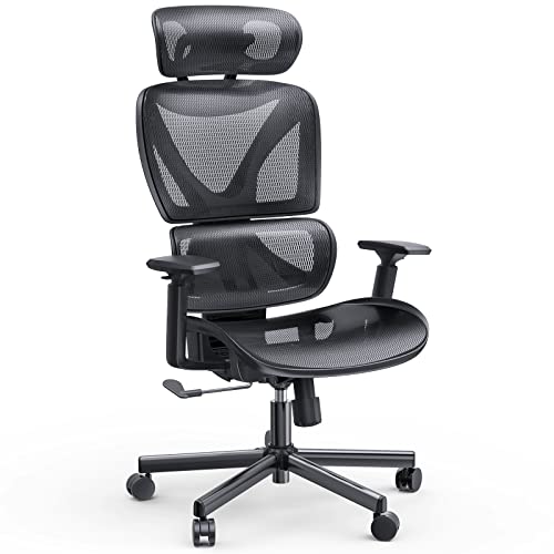 NOBLEWELL 人体工学办公椅、高背办公椅、带腰部支撑的网状电脑椅、3D 扶手、双靠背和可调节头枕