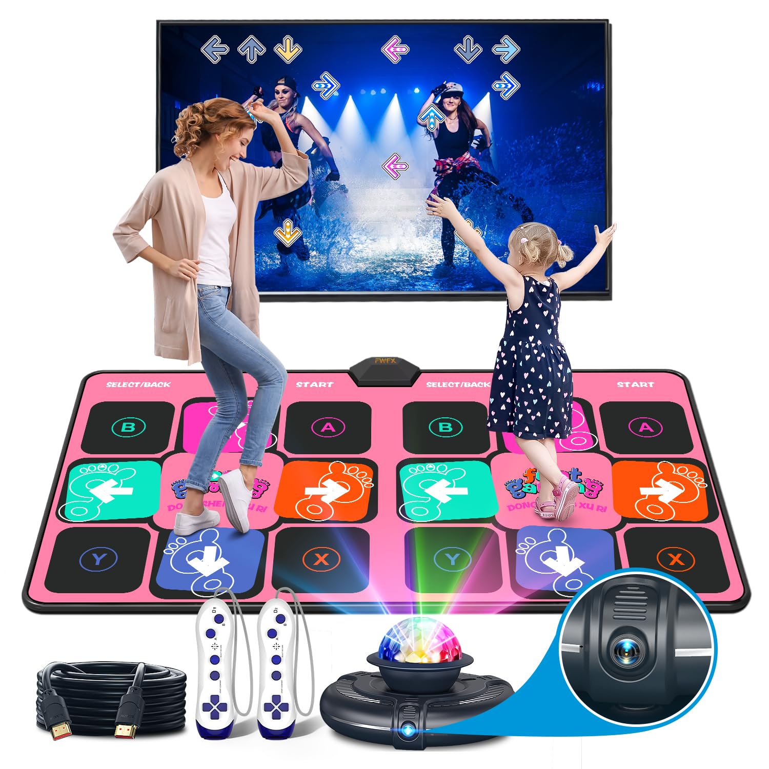 FWFX 电视跳舞垫游戏 - 带高清摄像头的无线音乐电子跳舞垫，双人用户运动健身防滑舞蹈垫跳舞垫适合儿童和成人，送给男孩和女孩的礼物