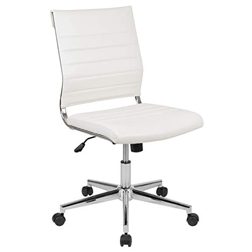 Flash Furniture 中背无扶手白色皮革柔软现代罗纹办公转椅，BIFMA认证
