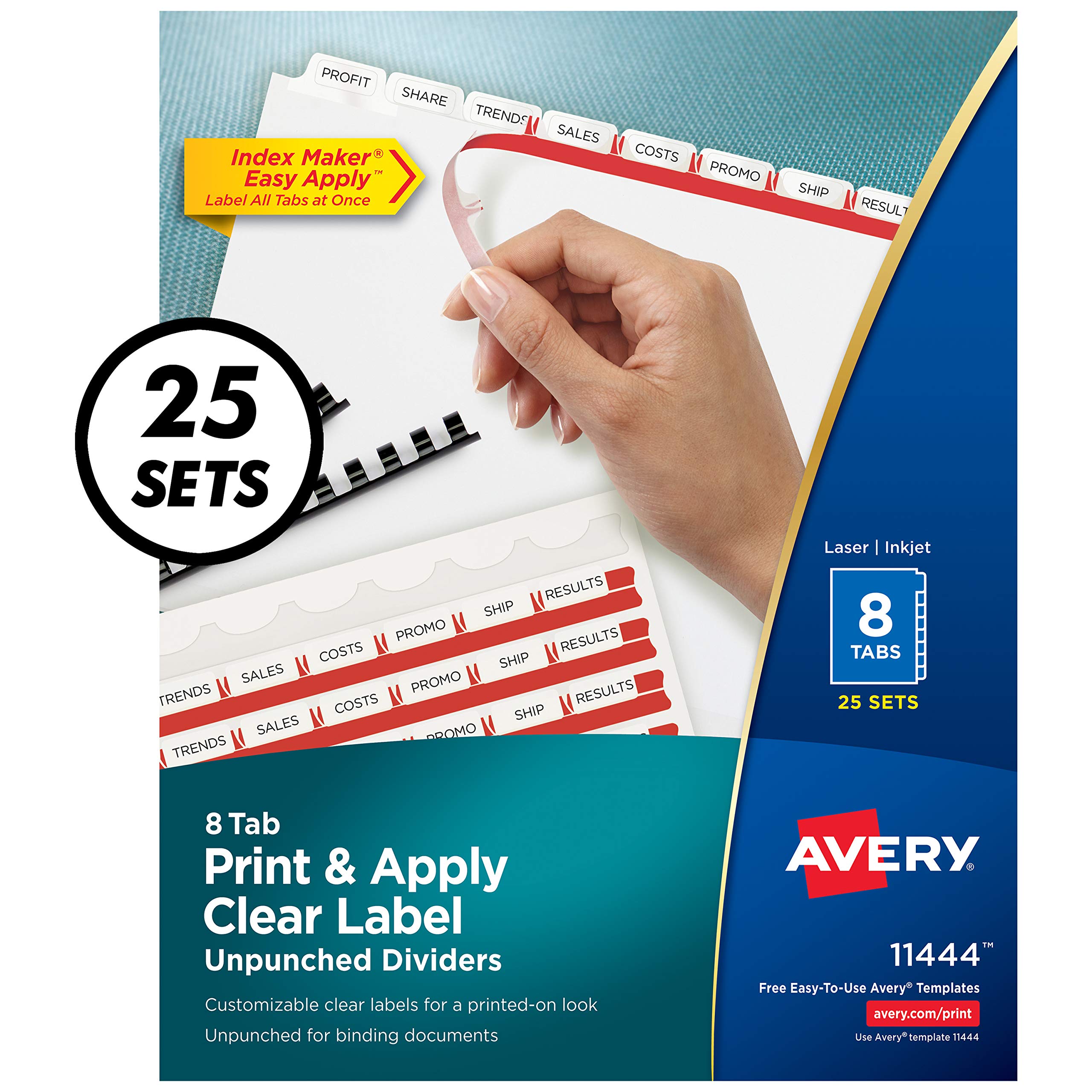 Avery 8 标签未打孔活页夹分隔件，轻松打印和粘贴透明标签条，索引制作器，白色标签，25 套，6 包 (1...
