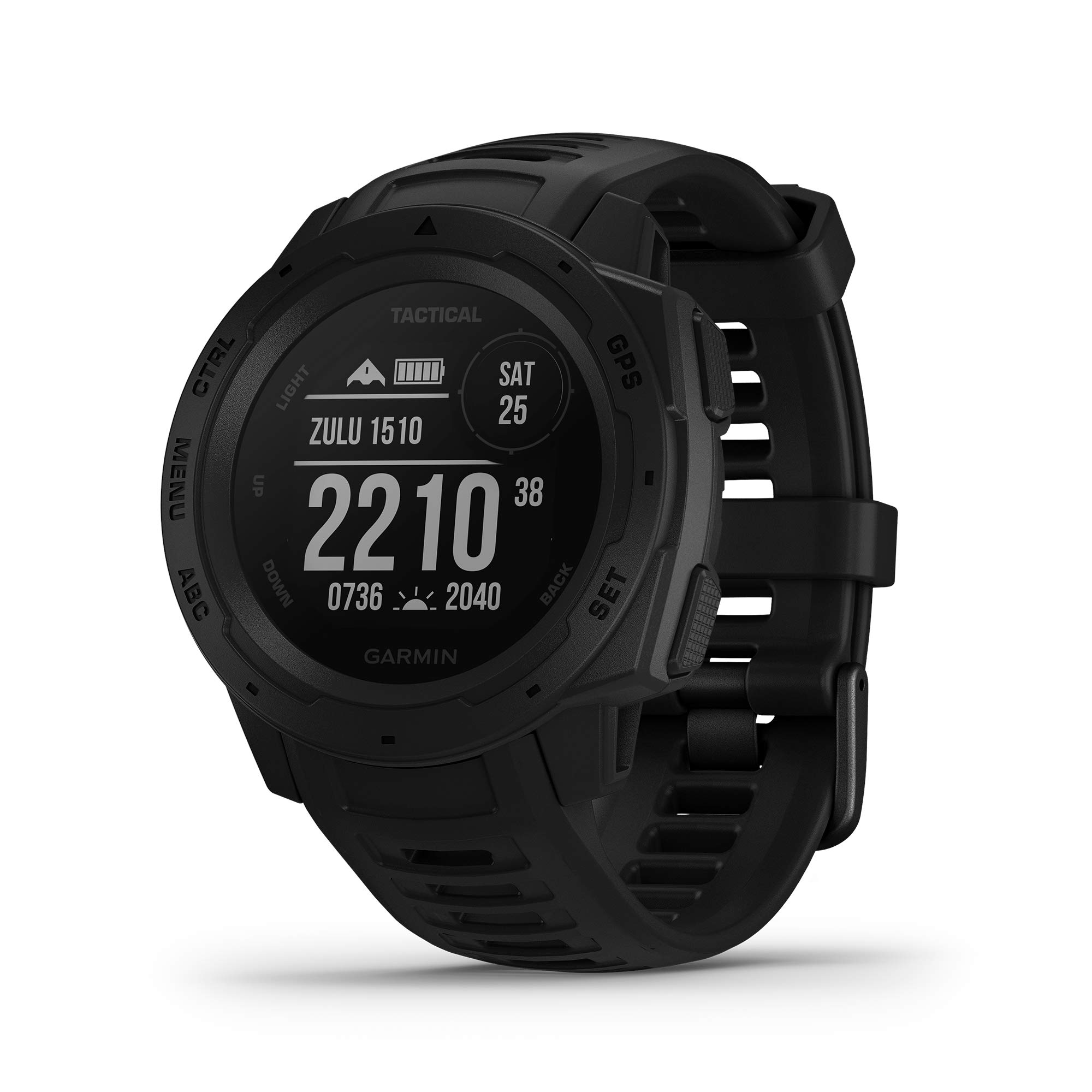 Garmin Instinct Tactical 坚固型 GPS 手表，具有战术特定功能，符合美国军用标准 810G，具有耐热、抗冲击和防水性能，黑色