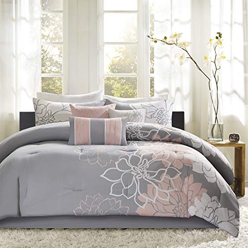 Madison Park 萝拉，花香，花朵-6件寝具套件，棉缎，棉涤交织卧室床罩，卡尔金，灰色/腮红