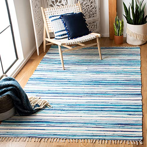 Safavieh 碎布地毯系列RAR126B手工编织象牙和蓝色平纹棉布地毯（10'x 14'）...