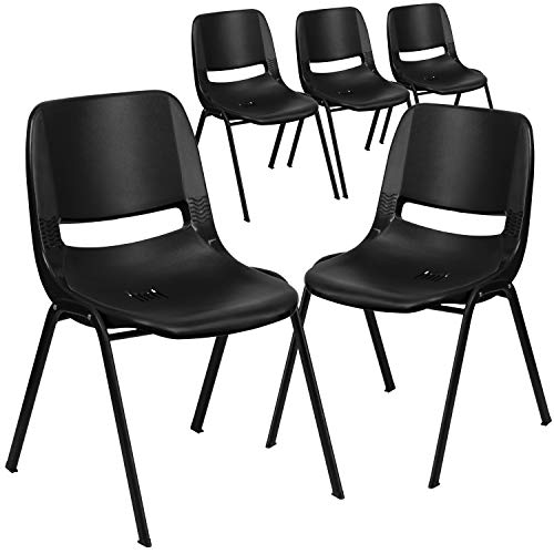 Flash Furniture 5包 HERCULES系列440磅容量的带有黑色框架和14'座椅高度的儿童黑色人体工学贝壳堆叠椅