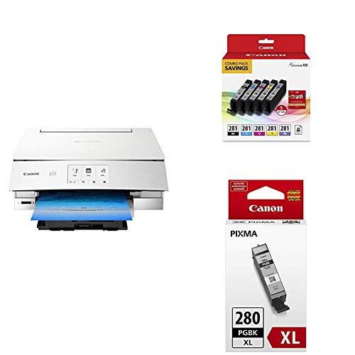 Canon USA Inc. 佳能TS8220无线多合一照片打印机（带扫描仪和复印机），移动打印，白色，带打印机墨水和黑色墨水盒以及打印机