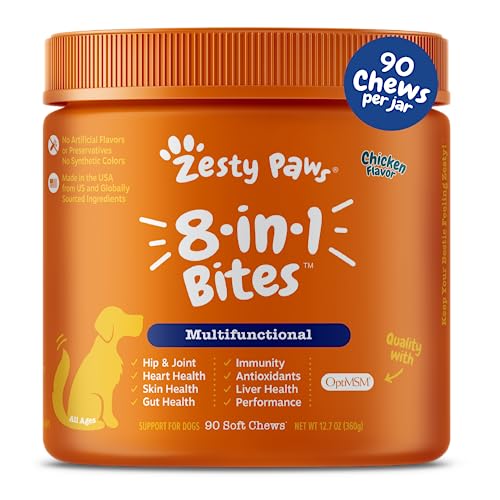 Zesty Paws 狗用多功能补充剂 - 氨基葡萄糖软骨素，用于关节支持，含益生菌，促进肠道和免疫健康 欧米...