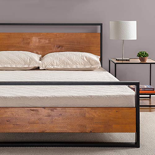 Zinus Suzanne金属和木质平台床，带床头板和床尾板/弹簧选装/木板条支撑，双胞胎