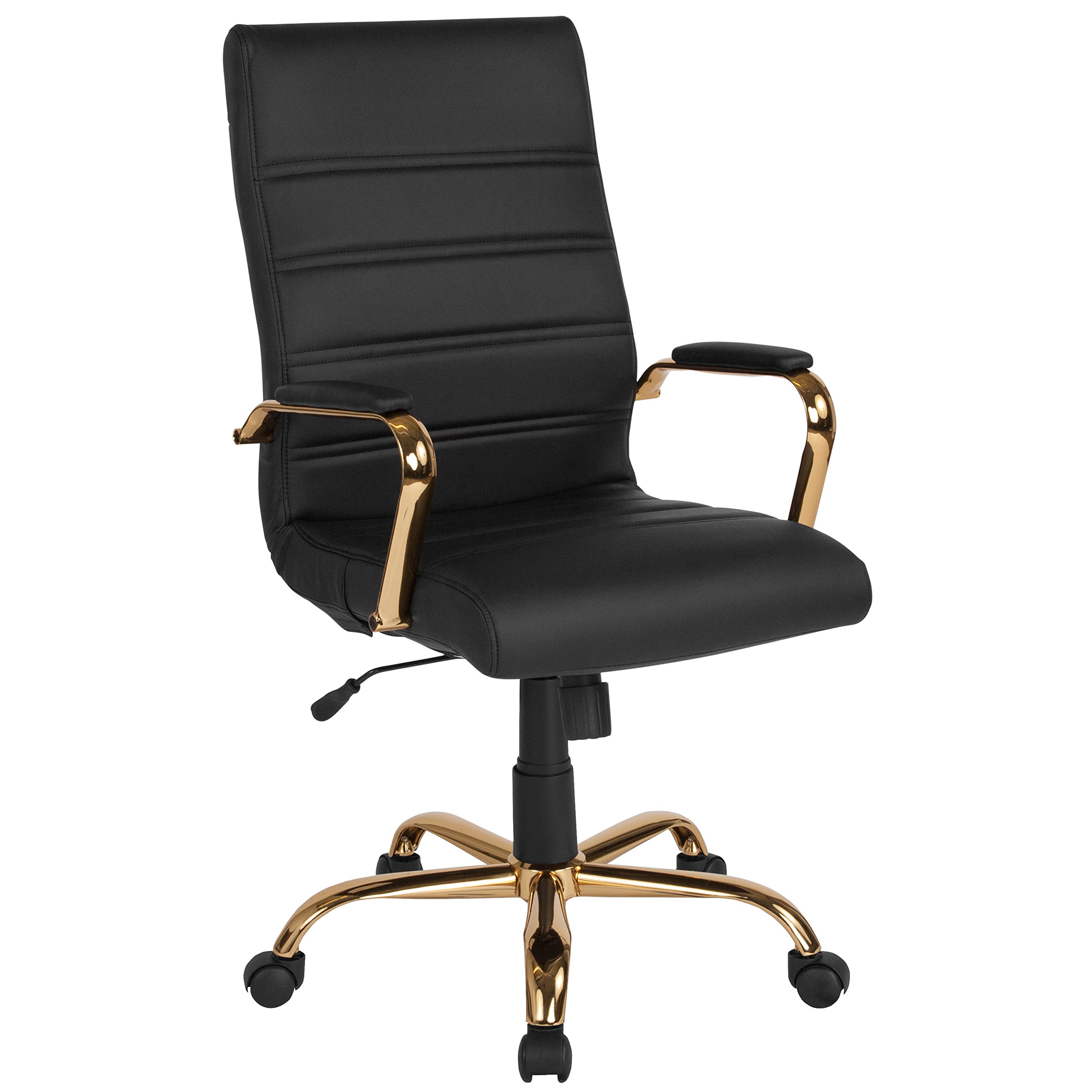 Flash Furniture 高背办公桌椅 - 黑色皮革软行政旋转办公椅，带金色框架 - 旋转扶手椅...