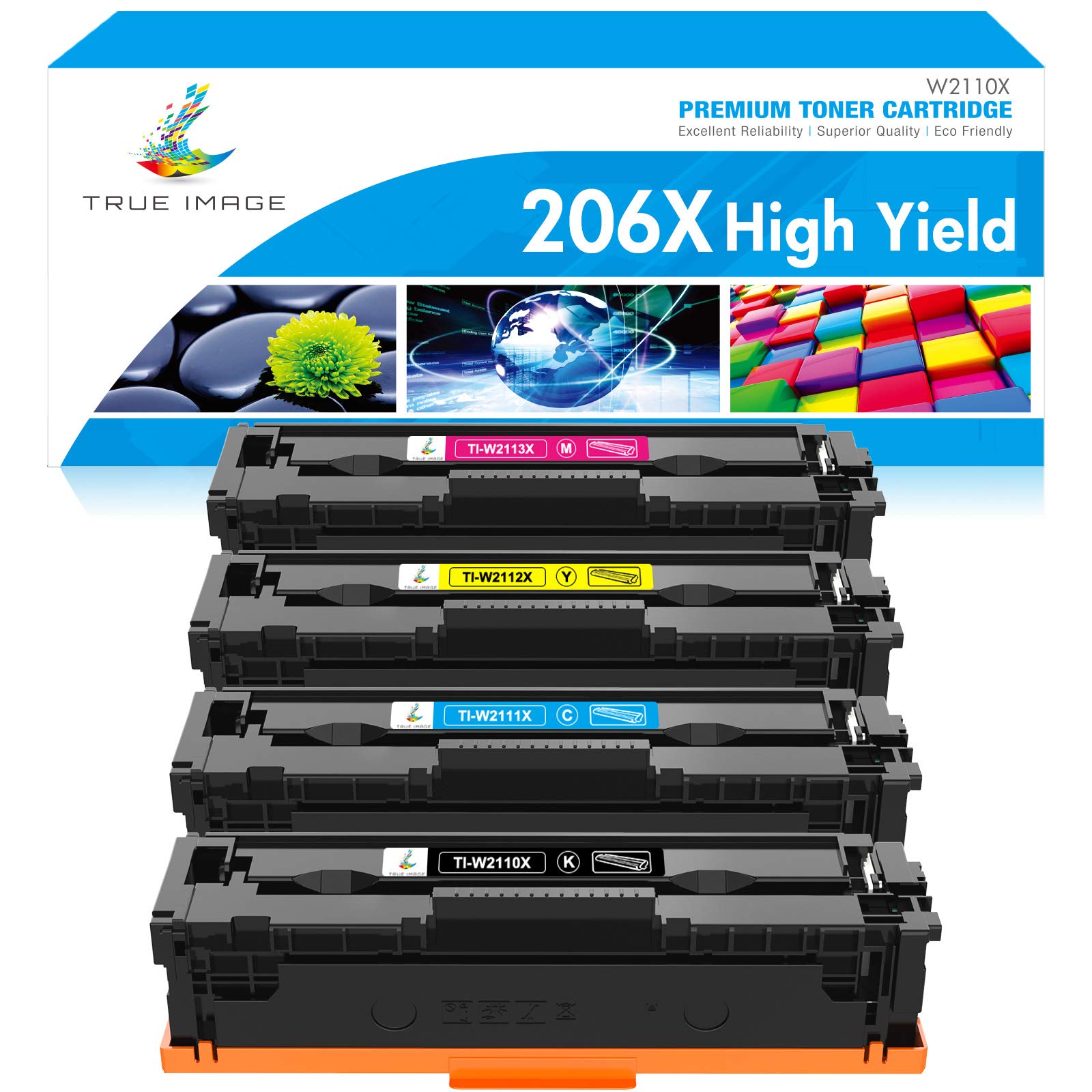  TRUE IMAGE 适用于 HP 206X 206A W2110A W2110X HP Color Pro M255dw MFP M283fdw M283cdw M283 M255 打印机碳粉高印量的兼容碳粉盒更换件（黑色、青色、黄色、品红色，4 件装）...