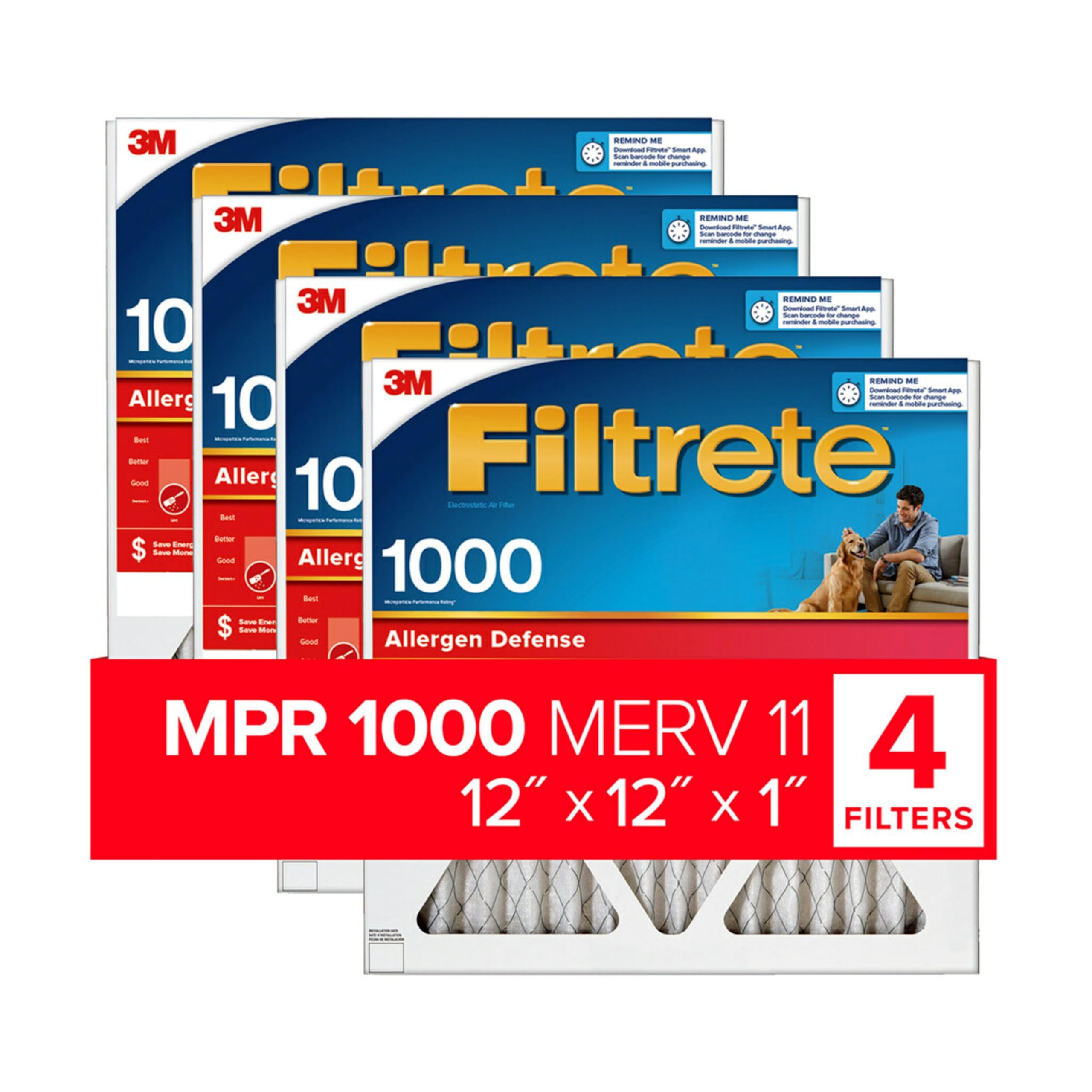 Filtrete 12x12x1 空气过滤器，MPR 1000，MERV 11，微过敏原防御 3 个月褶皱 1 英寸空气过滤器，4 个过滤器