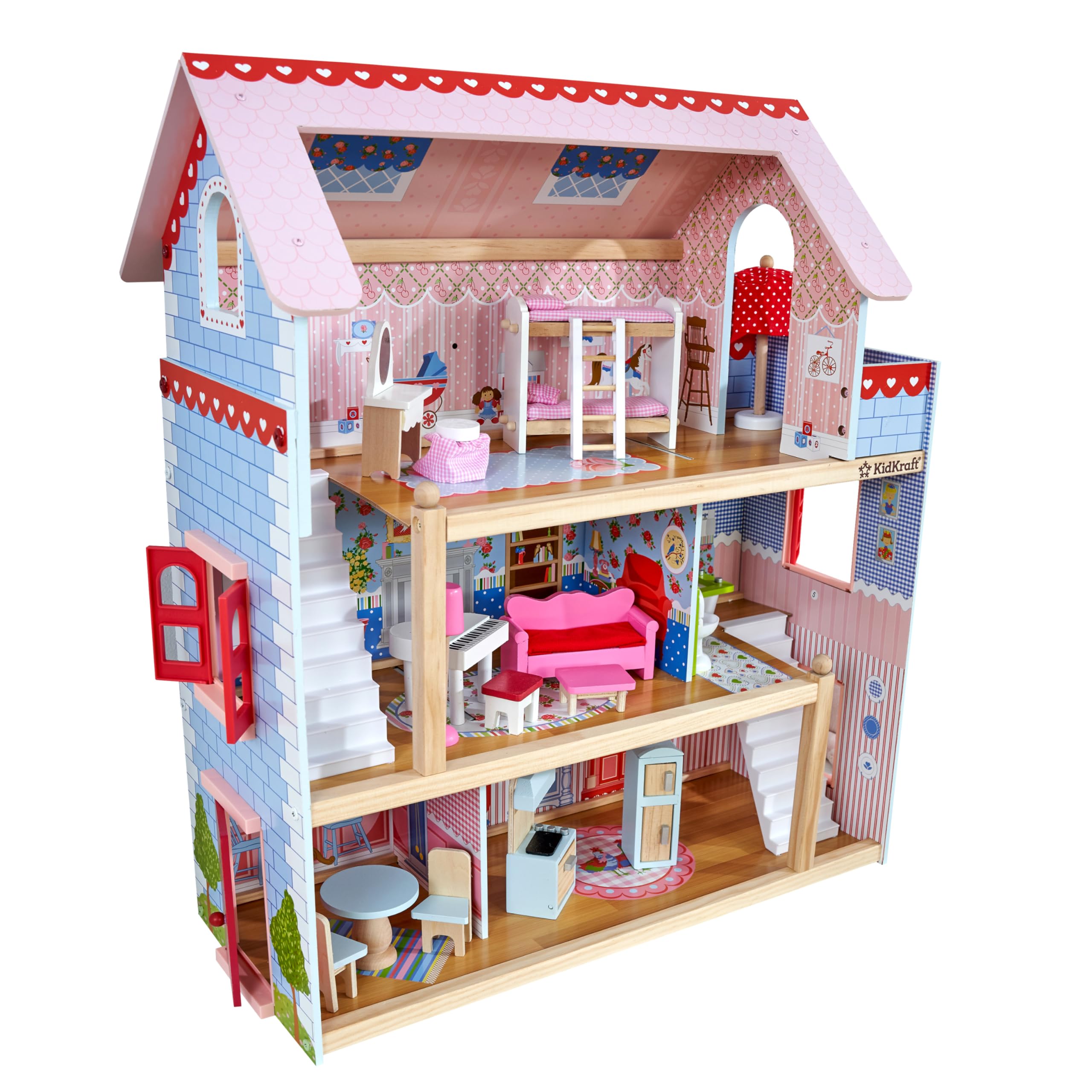 KidKraft Chelsea 娃娃小屋木制娃娃屋，配有 16 个配件、工作百叶窗，适用于 5 英寸娃娃
