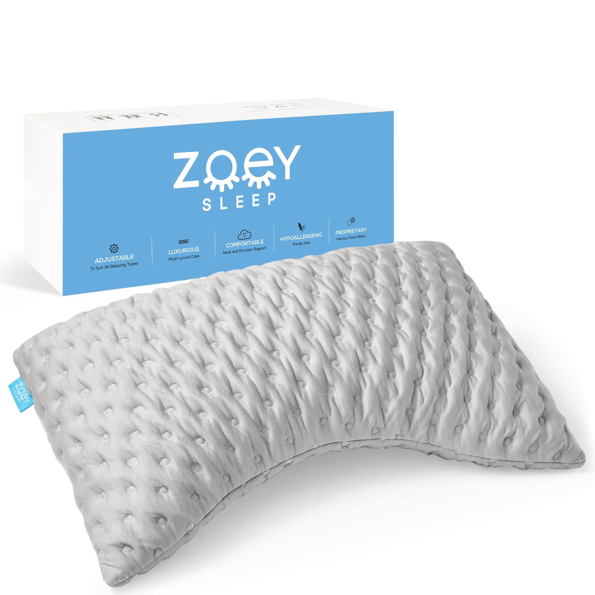 Zoey Sleep 侧睡枕头 - 记忆海绵睡眠枕头 - 100% 可调节支撑阁楼 - 有助于缓解颈部和肩部疼痛