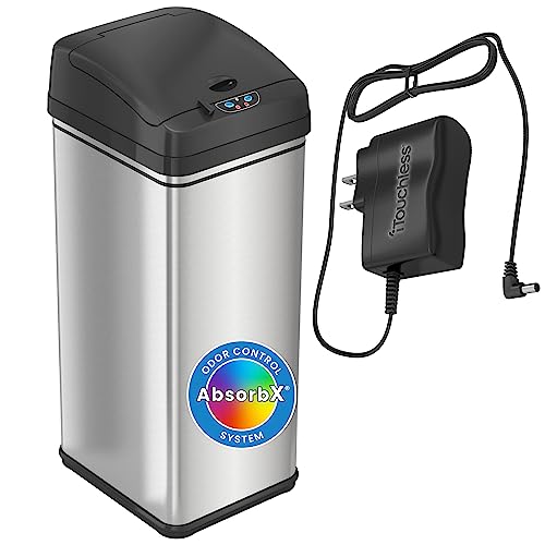 iTouchless 13 加仑传感器垃圾桶无电池自动垃圾箱，带气味过滤器，适用于厨房和办公室，黑色和不锈钢，交流适配器