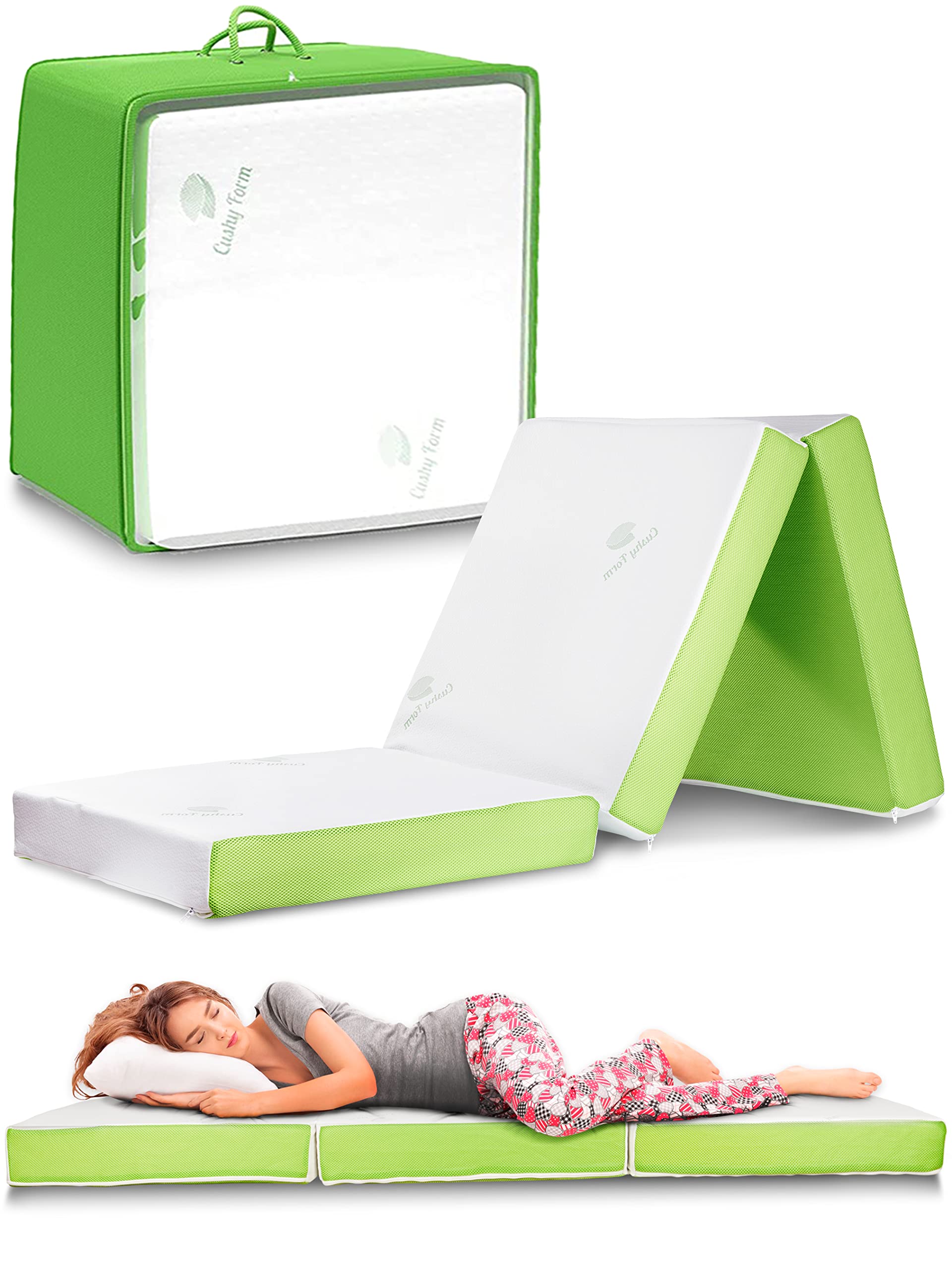 Cushy Form Thera Health 地板床垫 - 适合旅行、露营、宾客使用的便携式三折叠床 - CertiPUR-US 认证可折叠泡沫睡垫，带成人和儿童便携包，可机洗