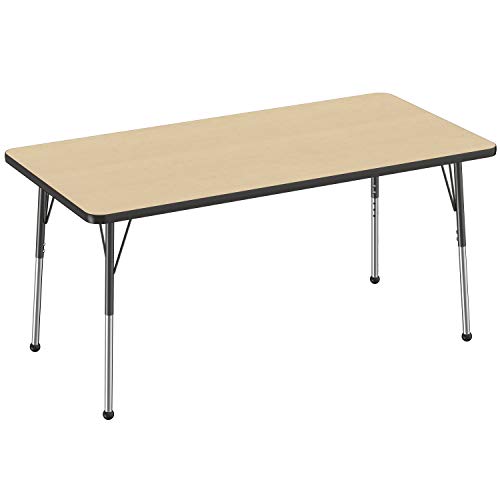 Factory Direct Partners 30' x 60' 矩形 T 型儿童教室可调节活动桌，带标准腿和球滑轨 - 枫木/黑色