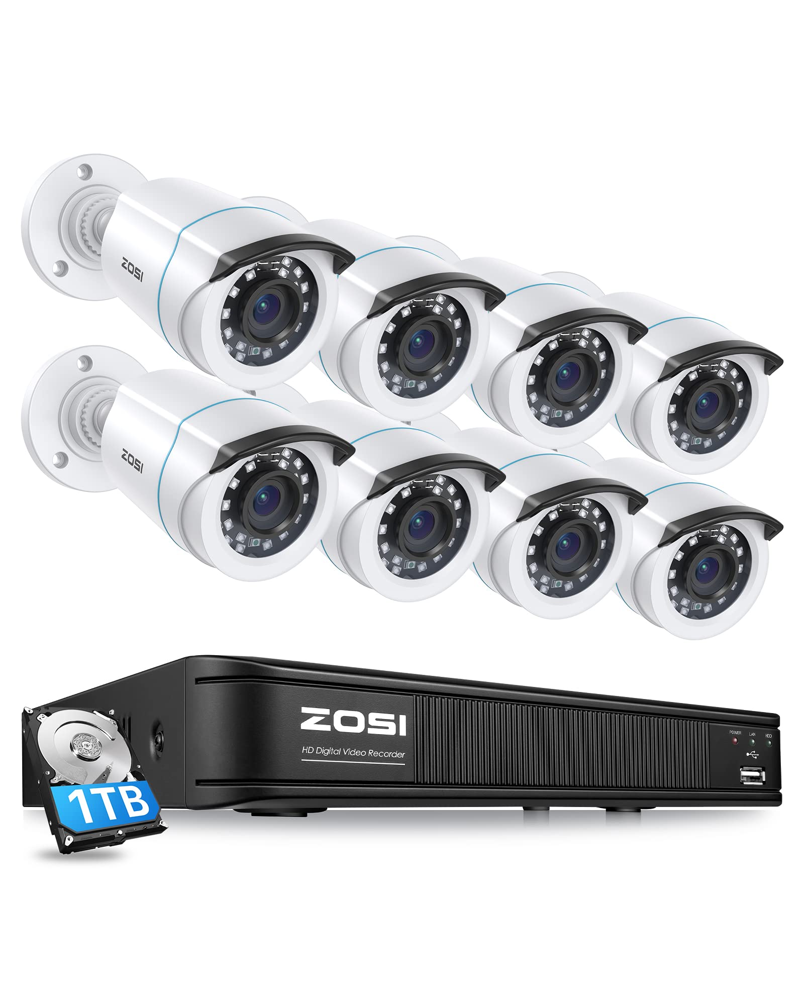 ZOSI 1080P H.265+ 家庭安全摄像头系统，5MP Lite 8 通道 CCTV DVR 录像机，带 1TB 硬盘和 8 x 1080p 防风雨子弹头摄像机室外室内，带 80 英尺夜视、运动警报