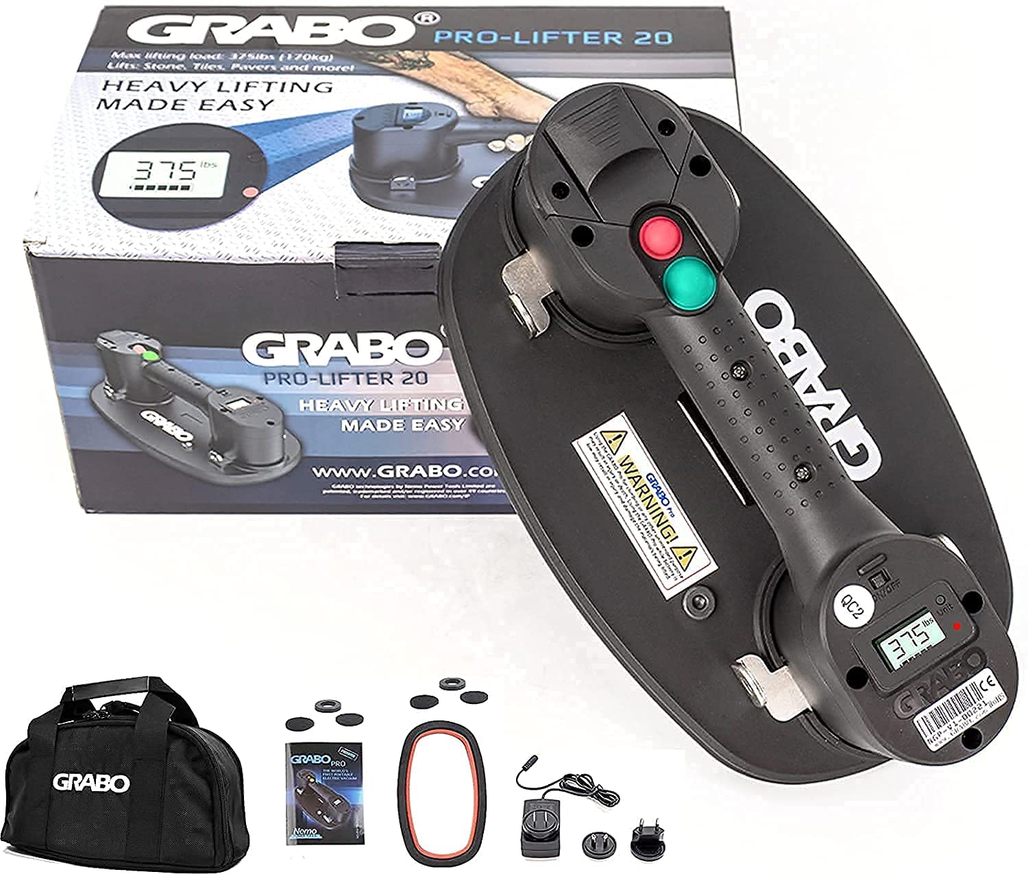  GRABO PRO-Lifter-20 电动真空吸盘 (2021) 适用于瓷砖、石材、木材、玻璃、混凝土摊铺机、干墙。带自动关闭开关，可提升 375 磅的重量。包括：1 个电池、1 个密封件、充电器、手提包...